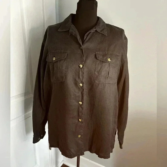 Rafaella Petites 100% Linen Two Pocket‎ Button Up Gray Tunic Top Shirt Sz Small - Picture 1 of 6